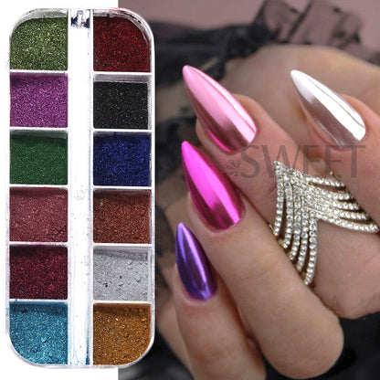 12 Colors Metallic Powder Nail Paint Holographic Mirror Metallic Fine Friction Nail Dust Glitter UV Gel Nail Decoration