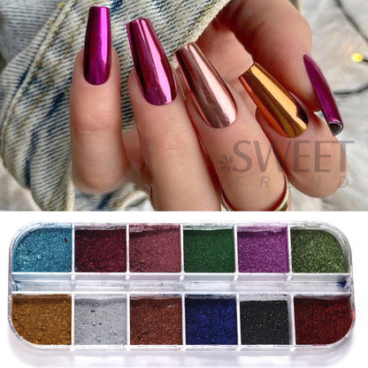 12 Colors Metallic Powder Nail Paint Holographic Mirror Metallic Fine Friction Nail Dust Glitter UV Gel Nail Decoration