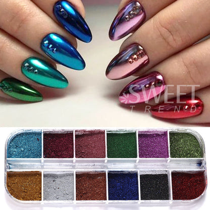 12 Colors Metallic Powder Nail Paint Holographic Mirror Metallic Fine Friction Nail Dust Glitter UV Gel Nail Decoration
