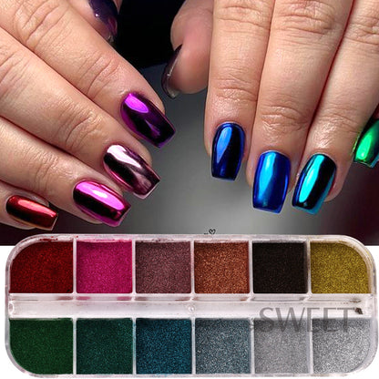 12 Colors Metallic Powder Nail Paint Holographic Mirror Metallic Fine Friction Nail Dust Glitter UV Gel Nail Decoration