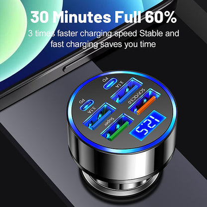 Car Charger Super Fast Charging 6 In 1 Multi-port Digital Display Mobile Charger
