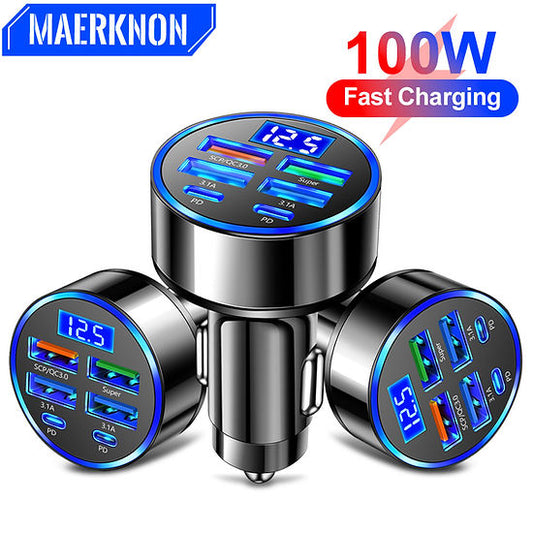 Car Charger Super Fast Charging 6 In 1 Multi-port Digital Display Mobile Charger