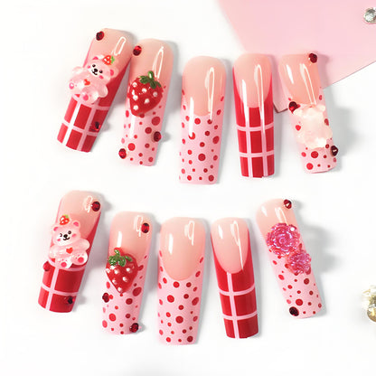 24 nail tips Strawberry & Bear Cute Nails，Fashionable nail art, handmade nail art