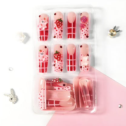24 nail tips Strawberry & Bear Cute Nails，Fashionable nail art, handmade nail art