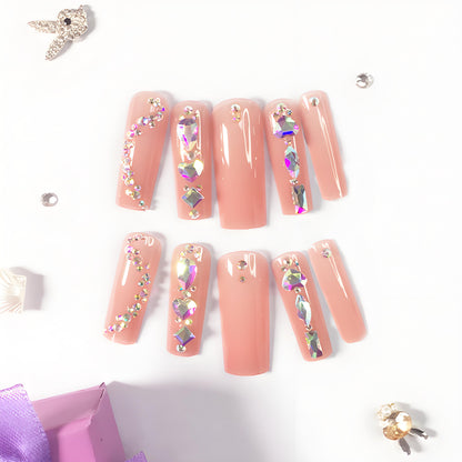 24 nail tips Luxury Rhinestone Nail Set: Nude Pink Base Meets Colorful Rhinestones, Lighting Up Finger - tip Charm