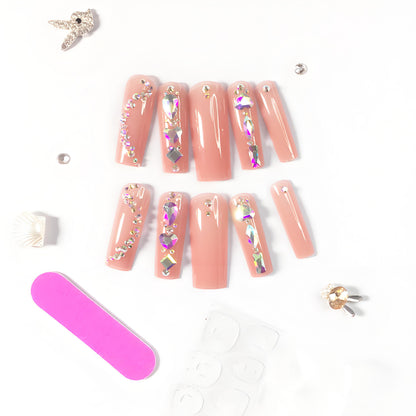 24 nail tips Luxury Rhinestone Nail Set: Nude Pink Base Meets Colorful Rhinestones, Lighting Up Finger - tip Charm