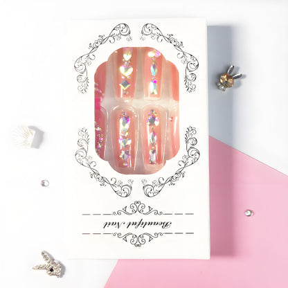 24 nail tips Luxury Rhinestone Nail Set: Nude Pink Base Meets Colorful Rhinestones, Lighting Up Finger - tip Charm