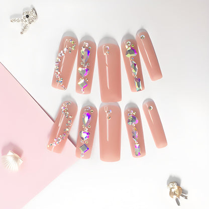 24 nail tips Luxury Rhinestone Nail Set: Nude Pink Base Meets Colorful Rhinestones, Lighting Up Finger - tip Charm