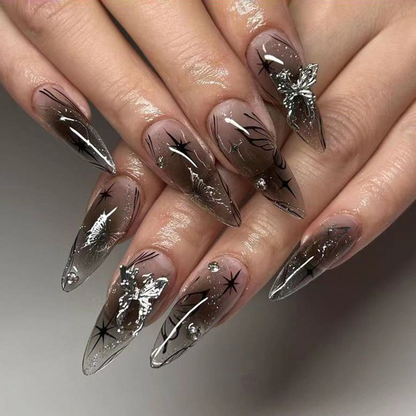 24-Piece Almond Rhinestone Silver Glitter Press-On Nails | Exquisite Elegant Wearable Nail Art