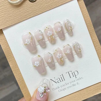 10-Piece Hand-Designed Flower Decor Press-On Nail Stickers | High-Quality Wearable Nail Art