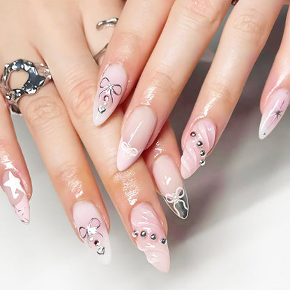 24-Piece Almond Black Butterfly Pearl Gradient Press-On Nails | Edgy Elegant Wearable Nail Art