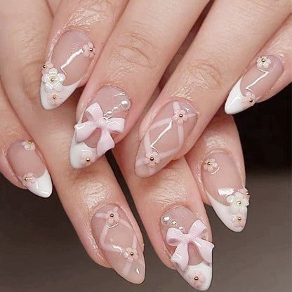 24-Piece Almond Black Butterfly Pearl Gradient Press-On Nails | Edgy Elegant Wearable Nail Art