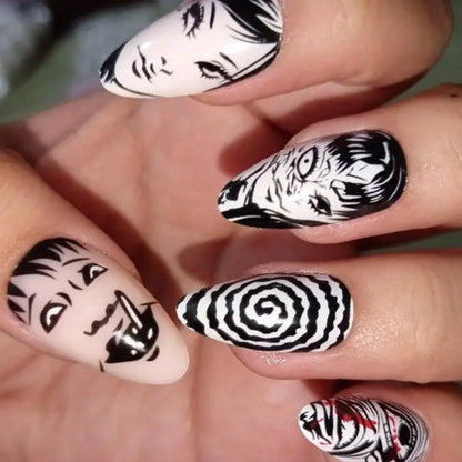 24-Piece Horror Comics Press-On Nails | Glossy Black Japanese Anime Almond Reusable Nail Tips