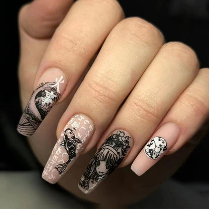 24-Piece Horror Comics Press-On Nails | Glossy Black Japanese Anime Almond Reusable Nail Tips