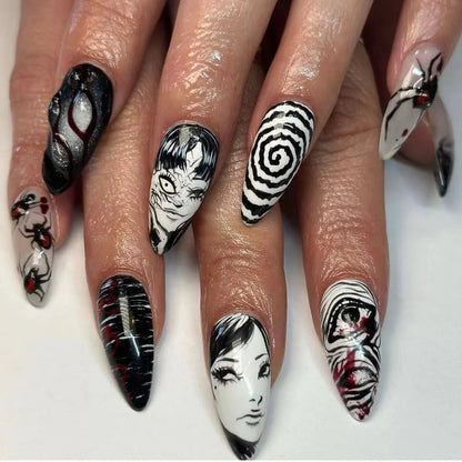 24-Piece Horror Comics Press-On Nails | Glossy Black Japanese Anime Almond Reusable Nail Tips