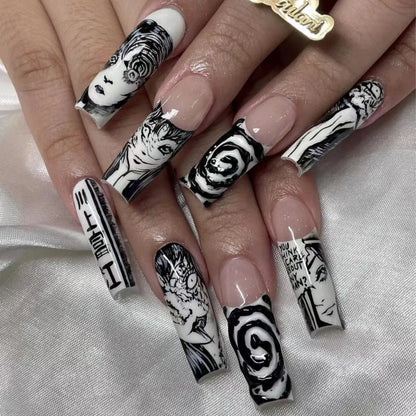 24-Piece Horror Comics Press-On Nails | Glossy Black Japanese Anime Almond Reusable Nail Tips