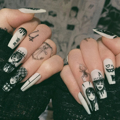24-Piece Horror Comics Press-On Nails | Glossy Black Japanese Anime Almond Reusable Nail Tips