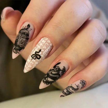 24-Piece Horror Comics Press-On Nails | Glossy Black Japanese Anime Almond Reusable Nail Tips
