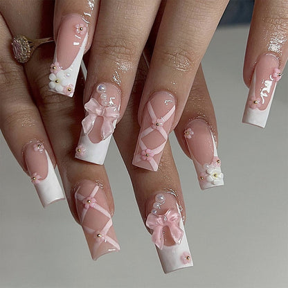 24-Piece Dreamy Ballet Pink & White Press-On Nails | Soft Elegant Wearable Nail Art