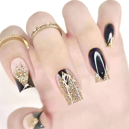 24-Piece Luxury Black & Gold Shining Diamond Geometric Wearable Nails | High-End Sparkle Nail Art