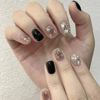 Handmade Diamond Stars Fake Nails Short with Charms Removable Nails High Quality