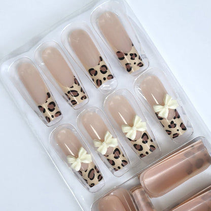 24 nail tips Leopard print meets bow nail stickers: sweet and cool fusion, fashionable and popular