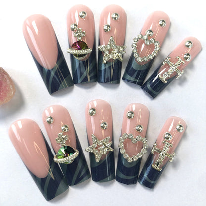 24 nail tips Luxury Rhinestone Nail Set: Nude Pink Base Meets Colorful Rhinestones, Lighting Up Finger - tip Charm