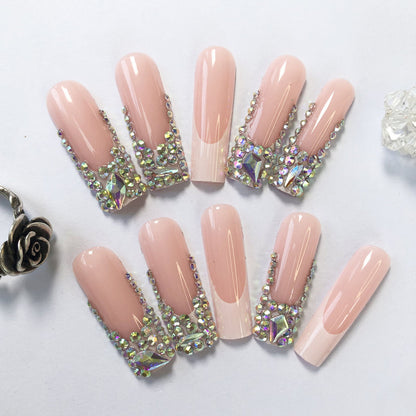 24 nail tips Luxury Rhinestone Nail Set: Nude Pink Base Meets Colorful Rhinestones, Lighting Up Finger - tip Charm