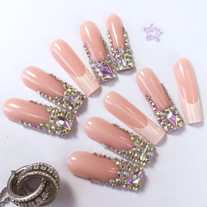 24 nail tips Luxury Rhinestone Nail Set: Nude Pink Base Meets Colorful Rhinestones, Lighting Up Finger - tip Charm