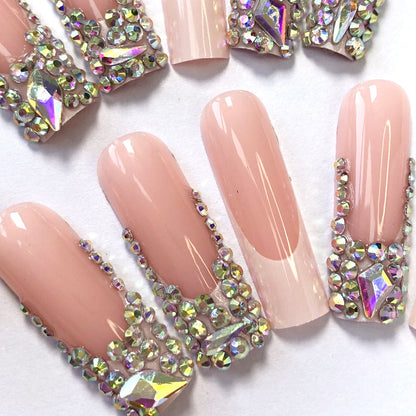 24 nail tips Luxury Rhinestone Nail Set: Nude Pink Base Meets Colorful Rhinestones, Lighting Up Finger - tip Charm