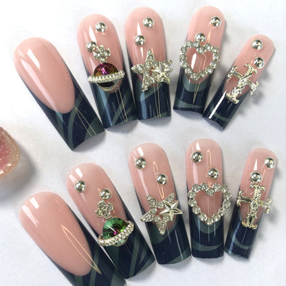 24 nail tips Luxury Rhinestone Nail Set: Nude Pink Base Meets Colorful Rhinestones, Lighting Up Finger - tip Charm