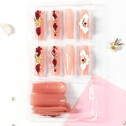 24-Piece Burgundy Diamond Carving Nails | 3D Petals & Micro-Diamonds