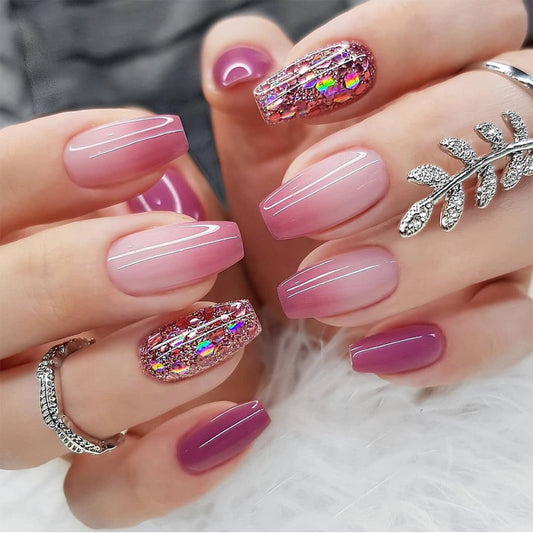 24-Piece Short French Gradient Sparkle Nails Set, Including 1 Jelly Gel and 1 Nail File