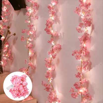 2M 20LED Cherry Blossom String Lights Wreath | Artificial Flower Vine Fairy Lights | Bedroom Wedding Party Festival Decor
