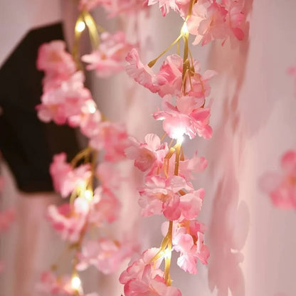 2M 20LED Cherry Blossom String Lights Wreath | Artificial Flower Vine Fairy Lights | Bedroom Wedding Party Festival Decor