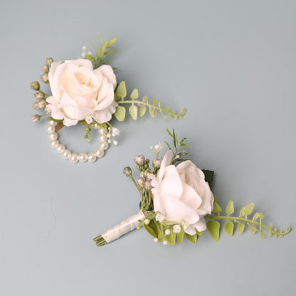 Elegant Groom's Boutonniere Set | Men's Artificial Rose Wrist Corsage | Wedding Accessories