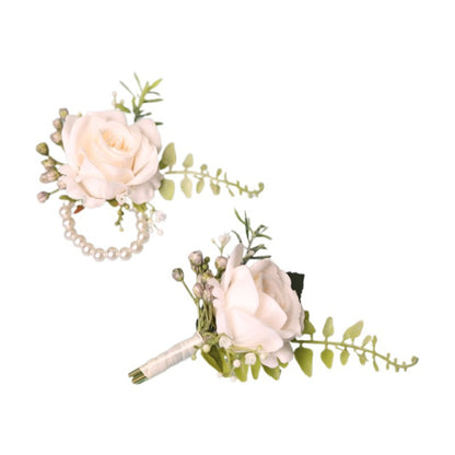 Elegant Groom's Boutonniere Set | Men's Artificial Rose Wrist Corsage | Wedding Accessories