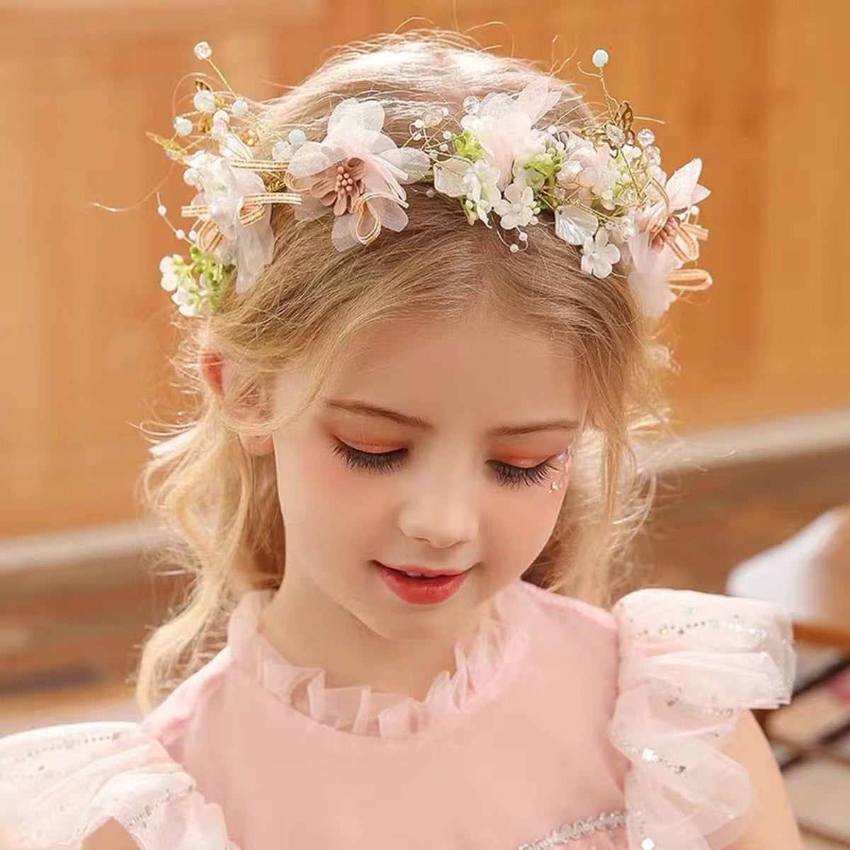 Girls' wreath headpiece, children's forest style birthday princess pearl hairstyle