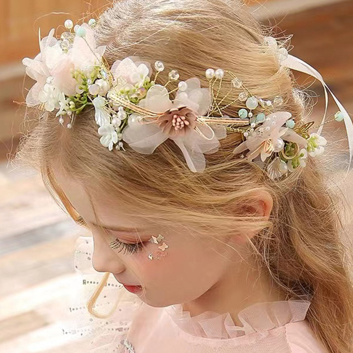 Girls' wreath headpiece, children's forest style birthday princess pearl hairstyle