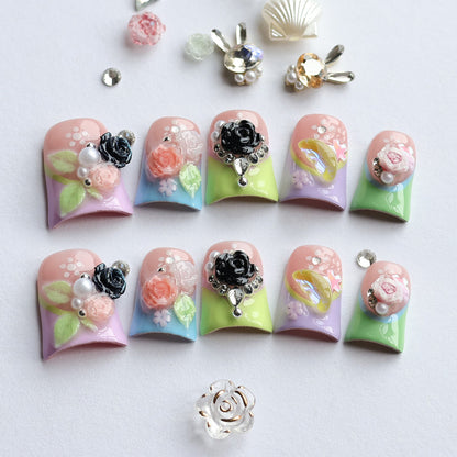 Dreamy Flower Nail Stickers & Sparkling Diamond Decor Wearable Nails | Romantic Glitter Nail Art