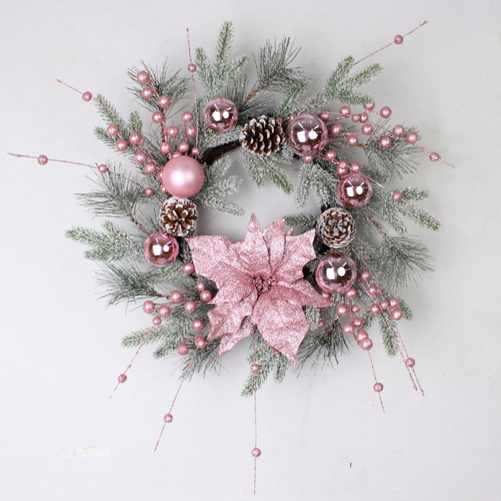 Christmas Barbie Pink Flocking Wreath | Electroplated Ball + Snow Frost + PE Pine Needle | Rattan Vine Ring Decor