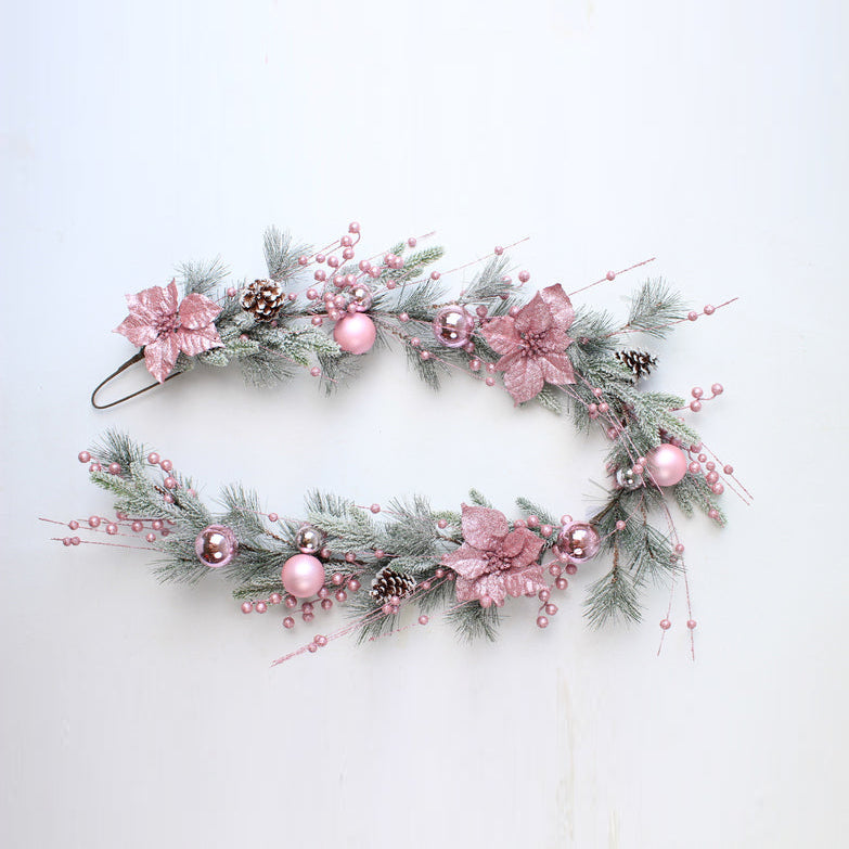 Christmas Barbie Pink Flocking Wreath | Electroplated Ball + Snow Frost + PE Pine Needle | Rattan Vine Ring Decor