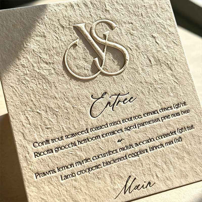 Luxury Letterpress Embossed Custom Wedding Menus | Elegant Custom Table Setting Stationery