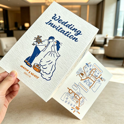 Personalized Custom Foldable Creative Illustrated Tri-Fold Wedding Invitation, Premium Bespoke Custom
