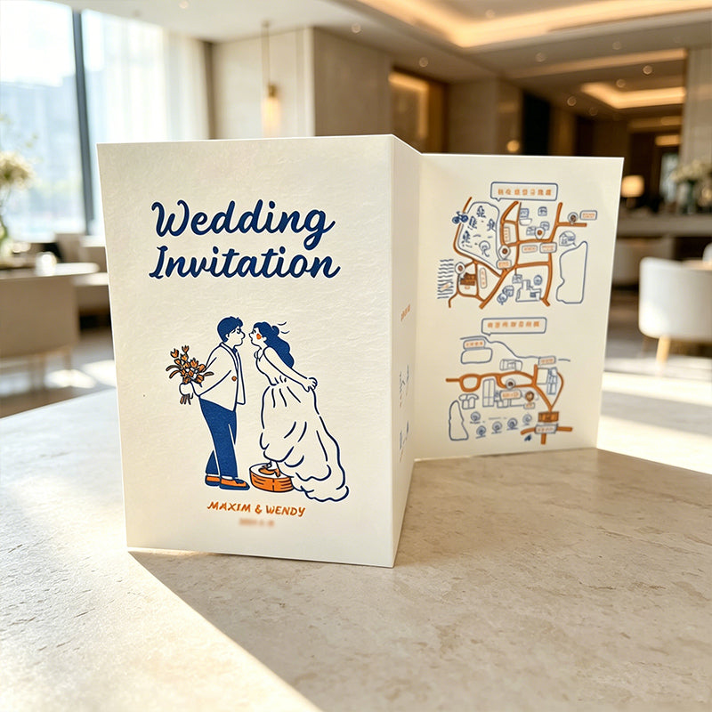 Personalized Custom Foldable Creative Illustrated Tri-Fold Wedding Invitation, Premium Bespoke Custom
