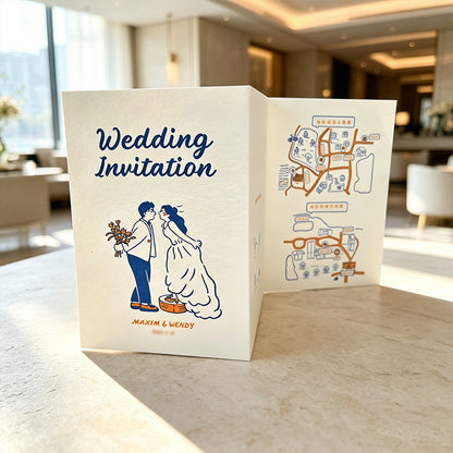 Personalized Custom Foldable Creative Illustrated Tri-Fold Wedding Invitation, Premium Bespoke Custom