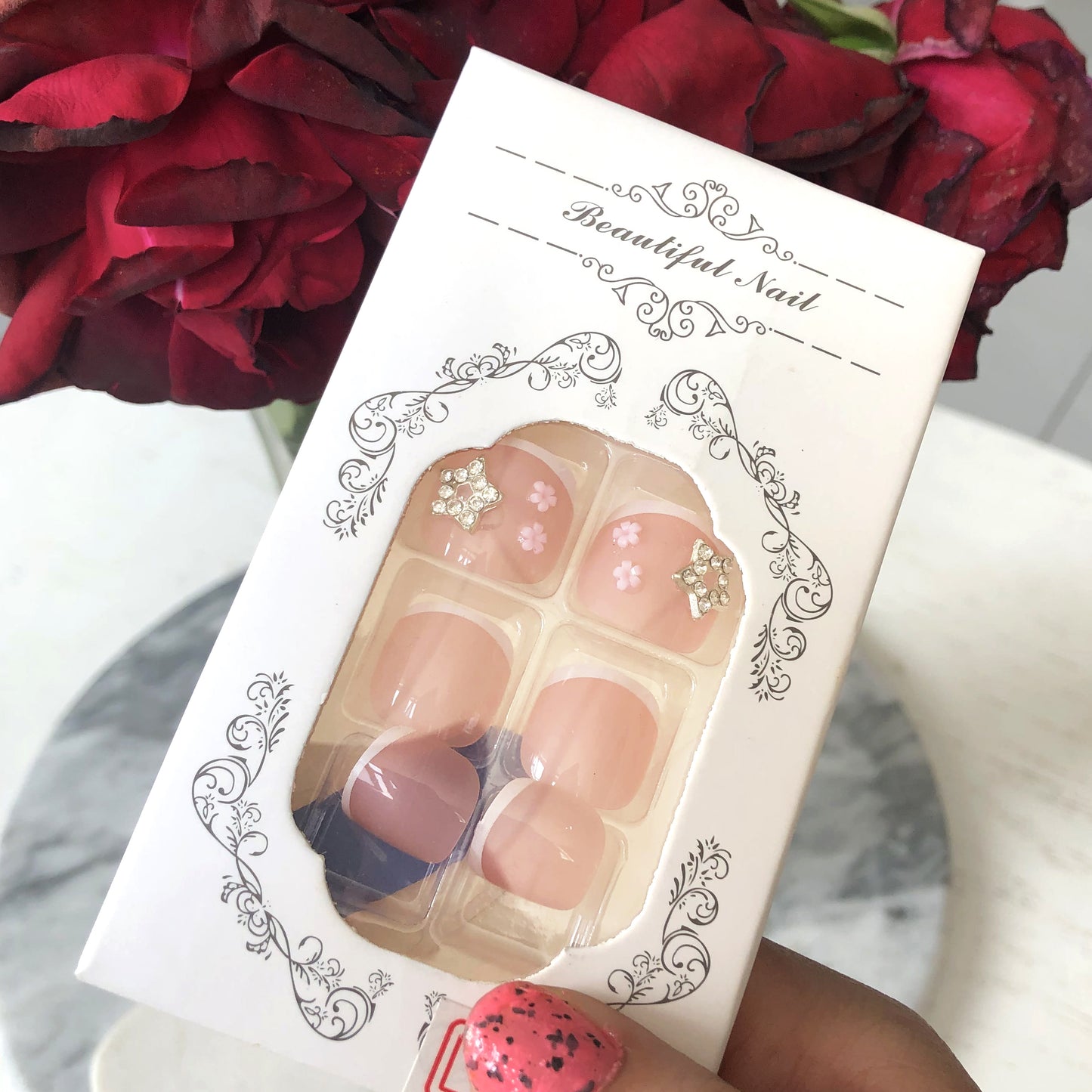 Pink nail stickers, star flowers and diamonds for romantic decoration