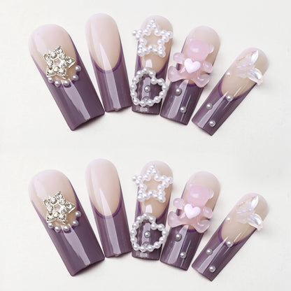 24 pcs Precious pieces Purple - pink gradient nail stickers, adorned with pearls, stars and bows, encounter a fairy tale on your fingertips.