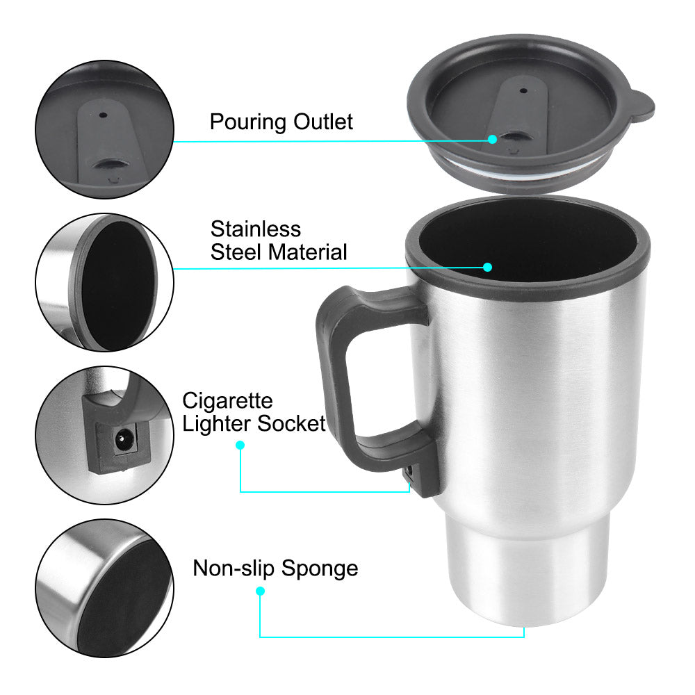 12V 450ml Electric Heating Car Kettle | Thermal Mug For Water Coffee Milk | Camping Travel Stainless Steel Vehicle Heating Cup