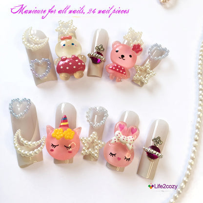 24 nail tips Artistic nail stickers: Spring elves meet pink and green, full of romance